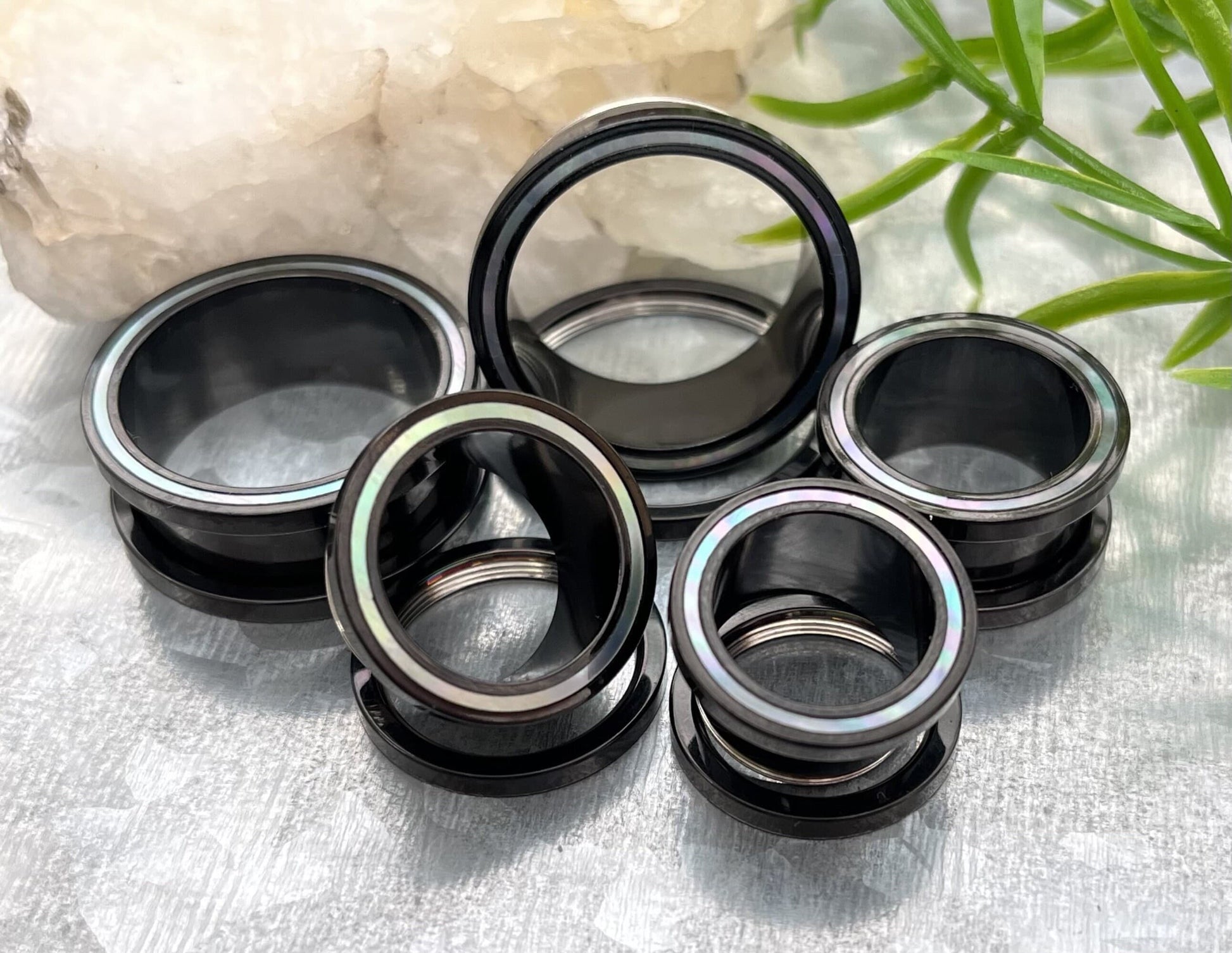PAIR of Beautiful Mother of Pearl Rimmed Black Screw Fit Tunnels Plugs - Gauges 2g (6mm) thru 1" (25mm) available!