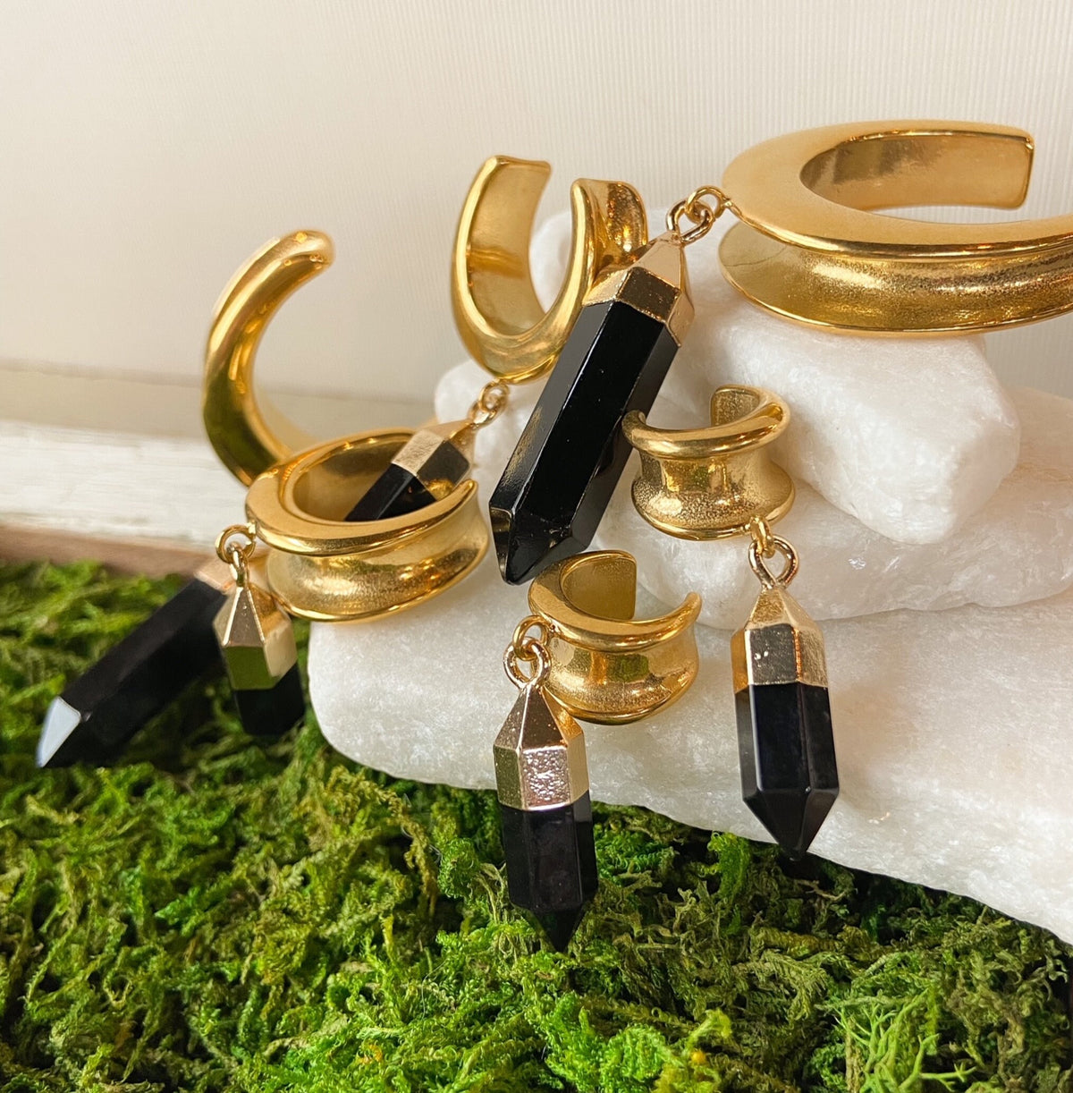 Pair of Stunning Black Hexagonal Dangle Saddle Ear Spreader -Tunnels/Plugs - Gauges 00g (10mm) thru 1" (25mm) available!