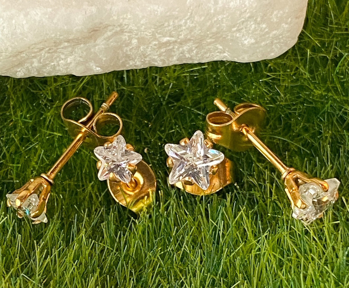 PAIR of Stunning Prong Set Star CZ Gem 316L Surgical Steel Stud Earrings - 4mm or 5mm - Clear, Gold, Aurora Borealis & Aqua Available!