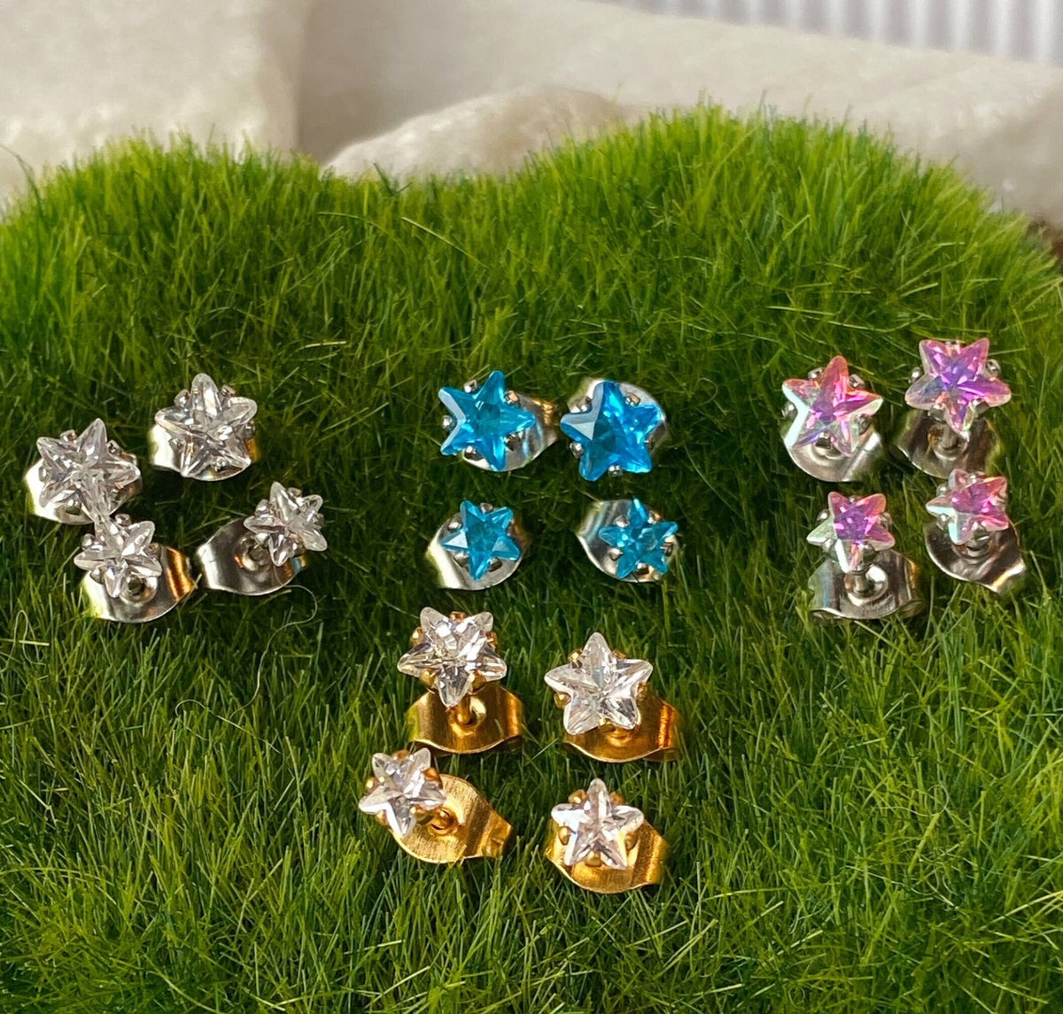 PAIR of Stunning Prong Set Star CZ Gem 316L Surgical Steel Stud Earrings - 4mm or 5mm - Clear, Gold, Aurora Borealis & Aqua Available!