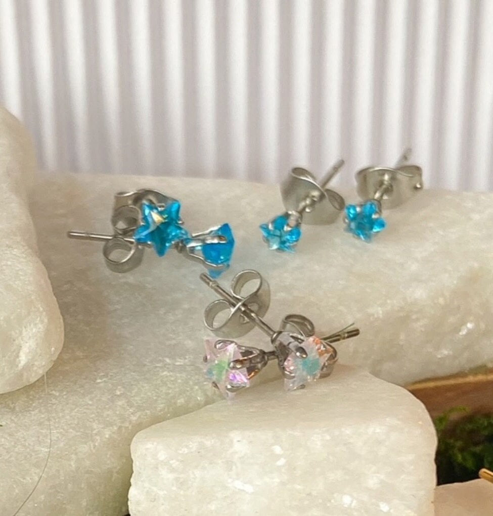 PAIR of Stunning Prong Set Star CZ Gem 316L Surgical Steel Stud Earrings - 4mm or 5mm - Clear, Gold, Aurora Borealis & Aqua Available!