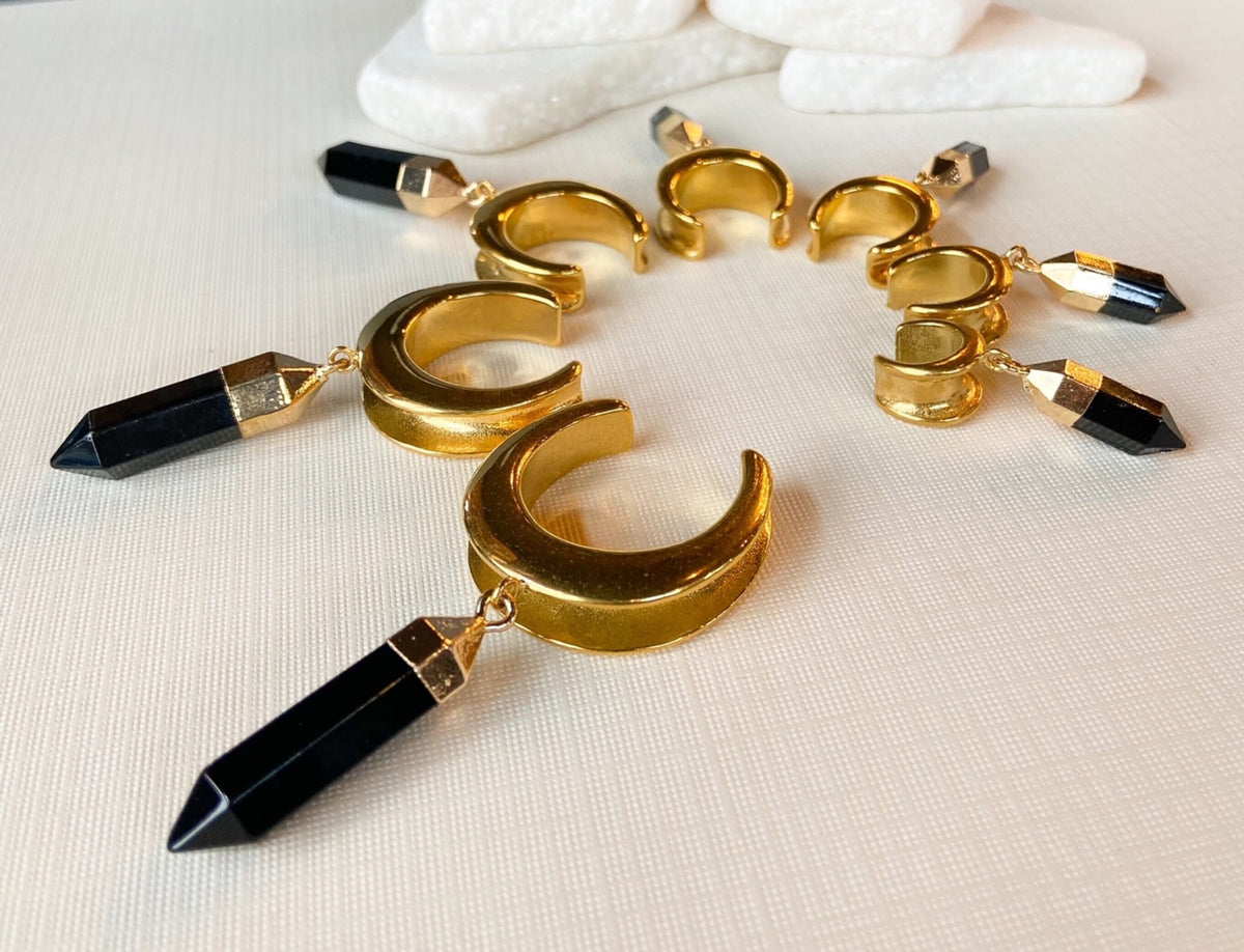 Pair of Stunning Black Hexagonal Dangle Saddle Ear Spreader -Tunnels/Plugs - Gauges 00g (10mm) thru 1" (25mm) available!