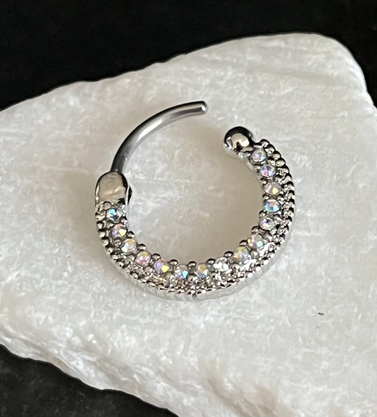 1 Piece Round CZ Paved Gems Steel Septum Segment Ring 16g or 14g - Aurora Borealis, Aqua, Clear, Pink & Purple Available!