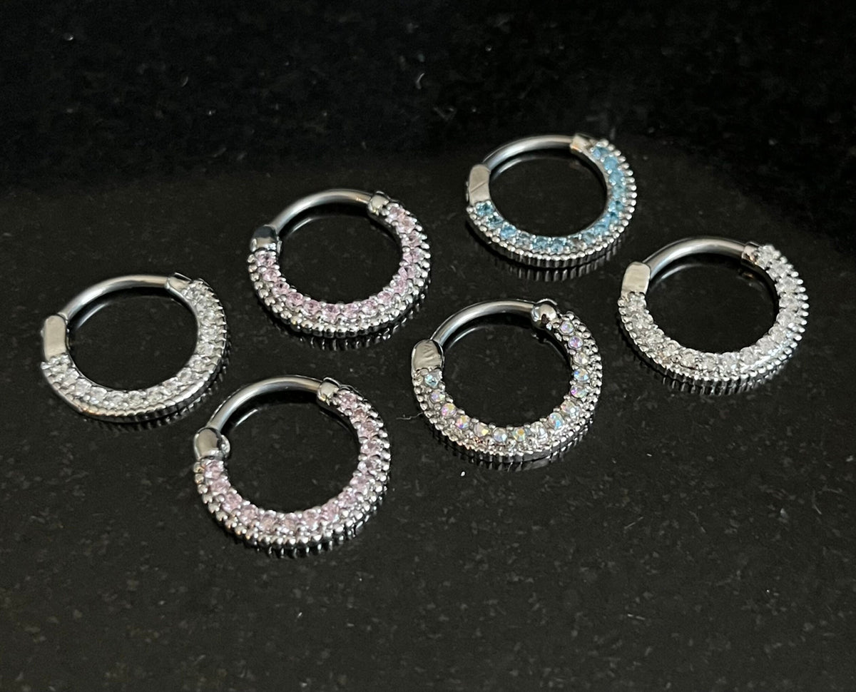 1 Piece Round CZ Paved Gems Steel Septum Segment Ring 16g or 14g - Aurora Borealis, Aqua, Clear, Pink & Purple Available!