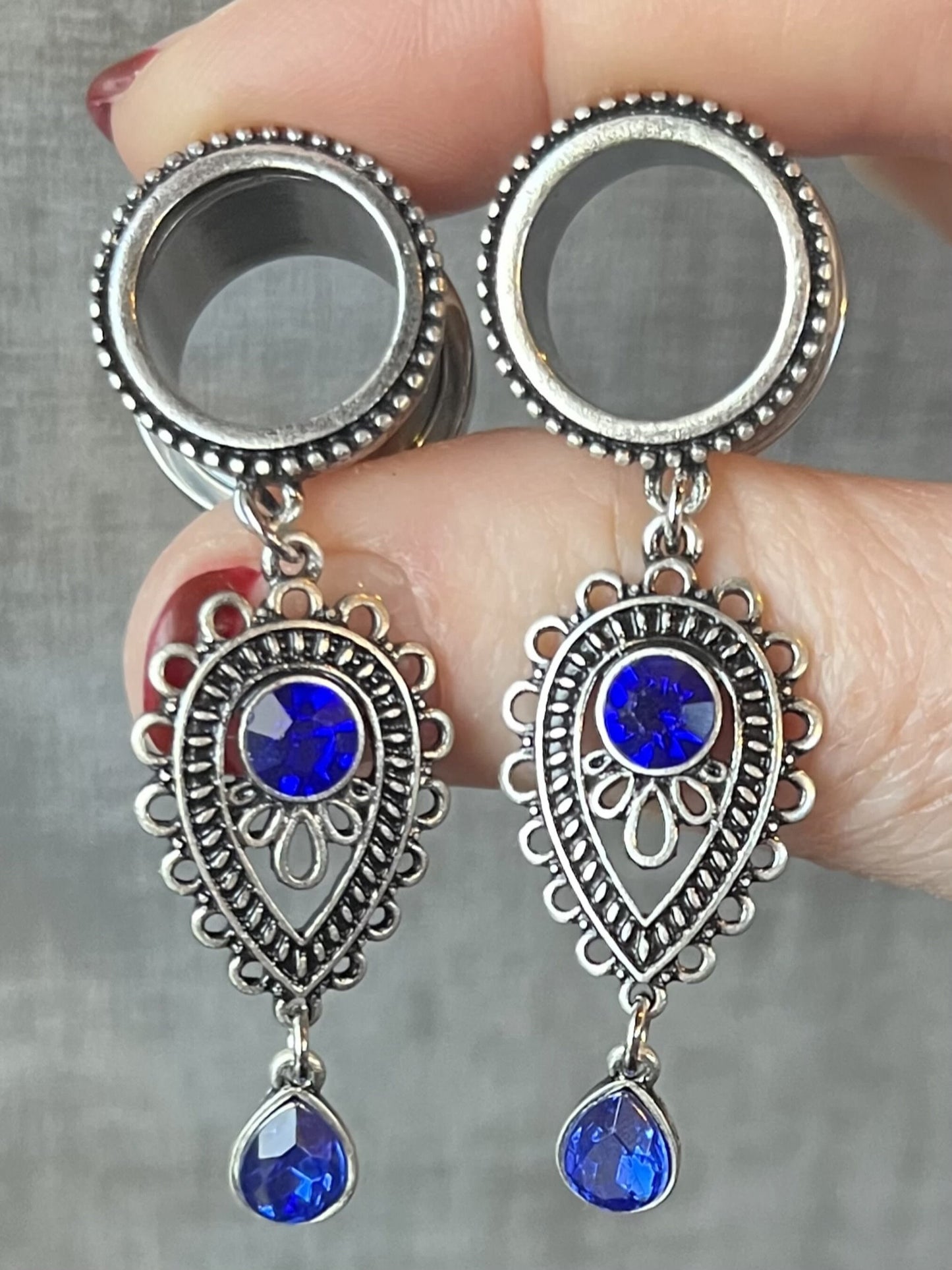 PAIR of Unique Blue Glass Gems Teardrop Dangle Screw Fit Tunnels/Plugs - Gauges 2g (6mm) thru 5/8" (16mm) available!