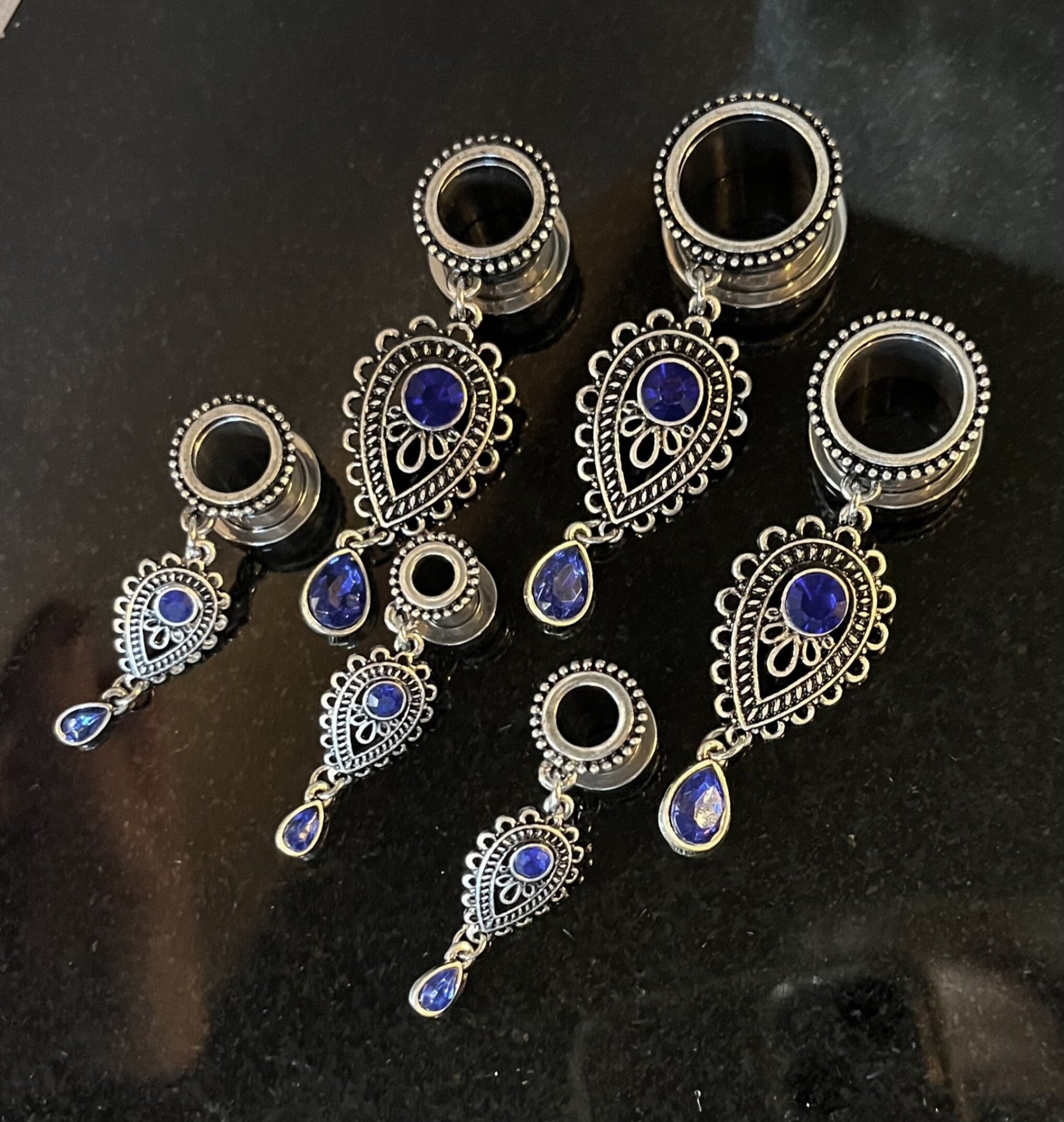 PAIR of Unique Blue Glass Gems Teardrop Dangle Screw Fit Tunnels/Plugs - Gauges 2g (6mm) thru 5/8" (16mm) available!