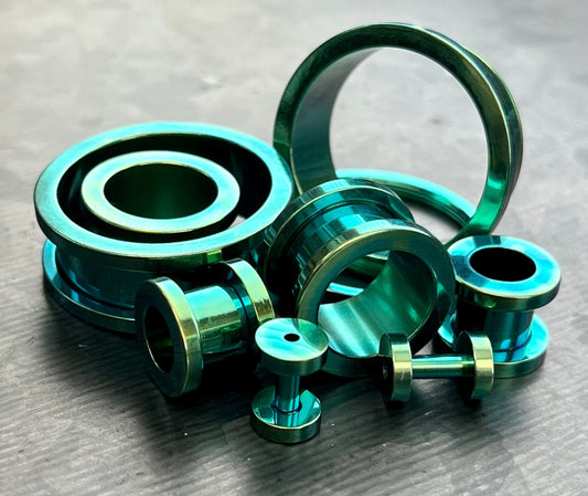 PAIR of Stunning Green PVD Plated 316L Steel Screw Fit Tunnels/Plugs - Gauges 14g (1.6mm) thru 1" (25mm) available!