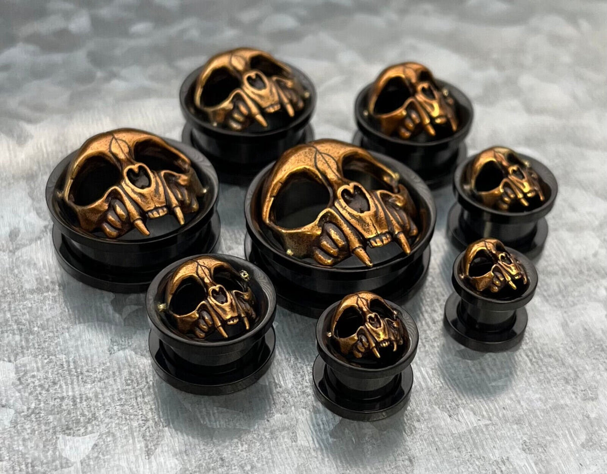 PAIR of Gold Skull with Fangs Black Screw Fit Tunnels /Plugs - Gauges 0g (8mm) thru 1" (25mm) available!