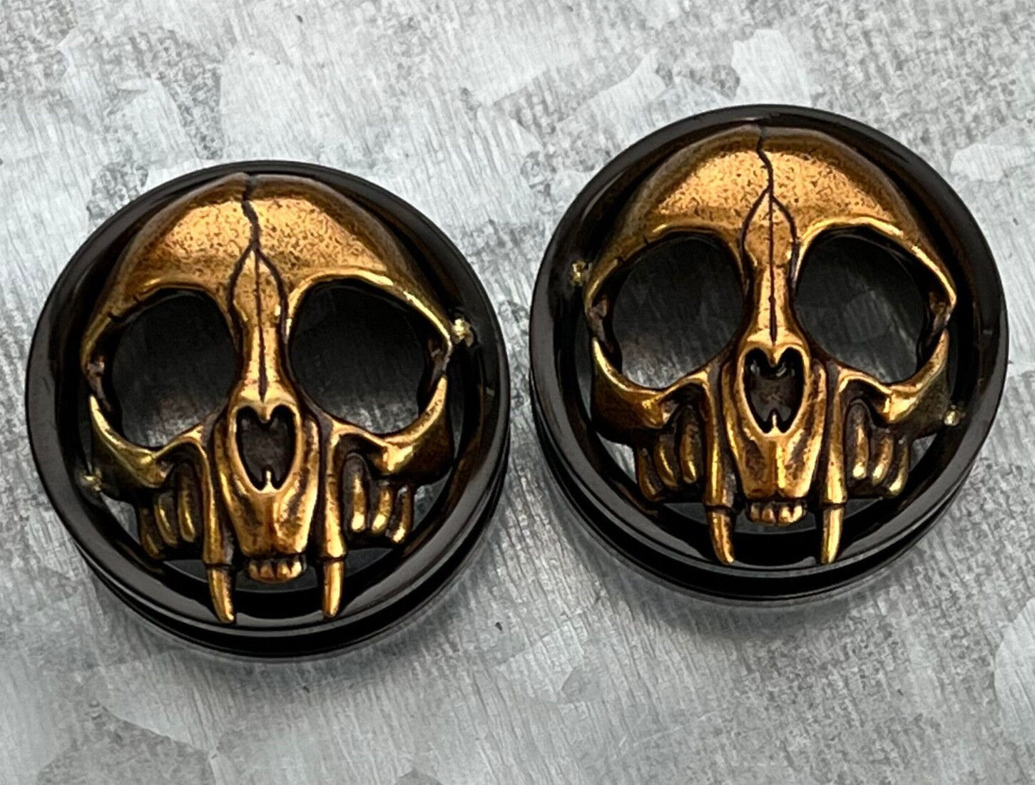 PAIR of Gold Skull with Fangs Black Screw Fit Tunnels /Plugs - Gauges 0g (8mm) thru 1" (25mm) available!