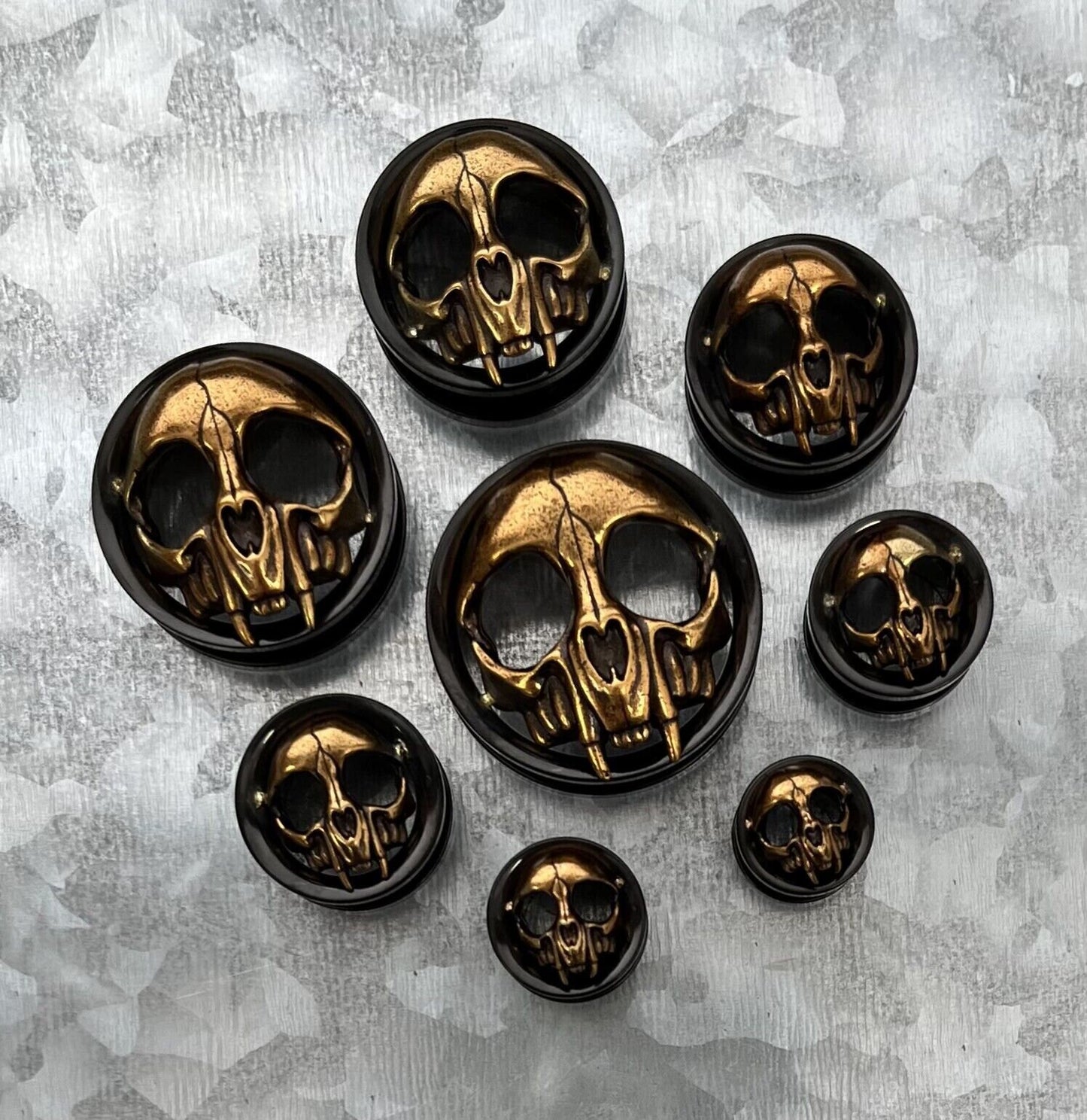 PAIR of Gold Skull with Fangs Black Screw Fit Tunnels /Plugs - Gauges 0g (8mm) thru 1" (25mm) available!