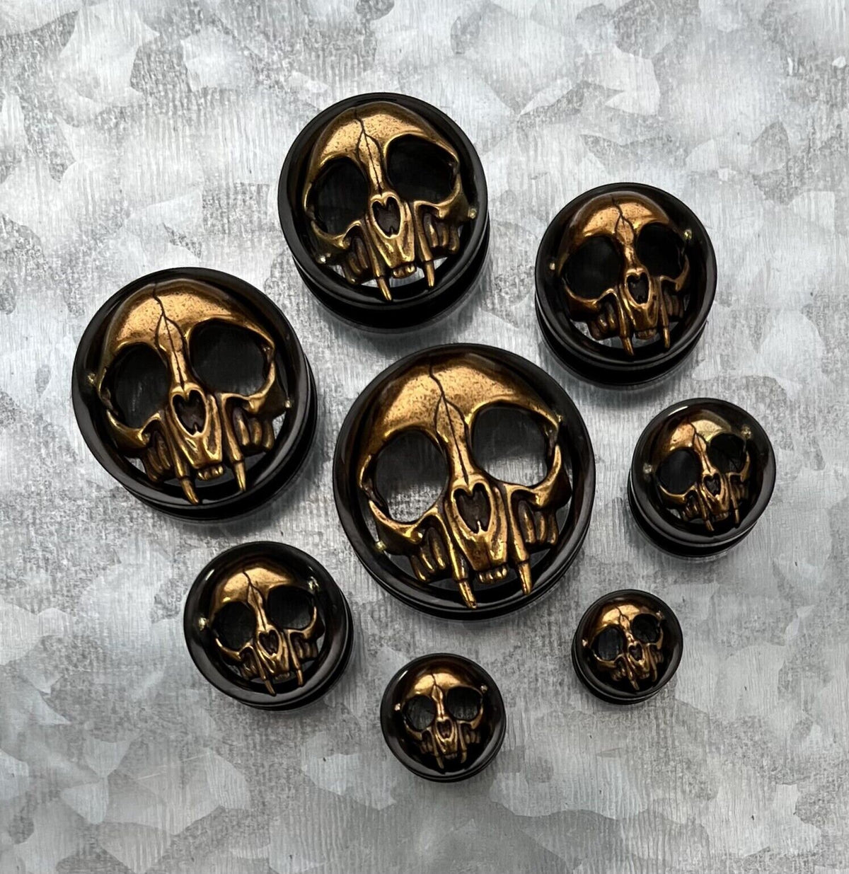 PAIR of Gold Skull with Fangs Black Screw Fit Tunnels /Plugs - Gauges 0g (8mm) thru 1" (25mm) available!