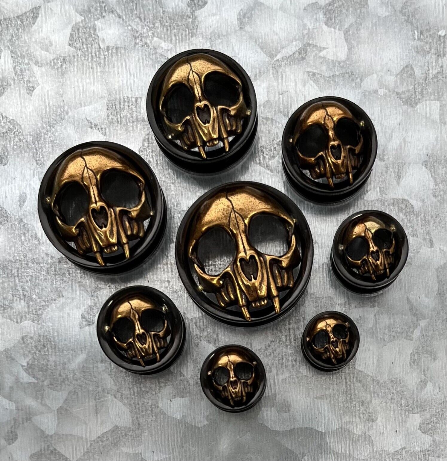 PAIR of Gold Skull with Fangs Black Screw Fit Tunnels /Plugs - Gauges 0g (8mm) thru 1" (25mm) available!