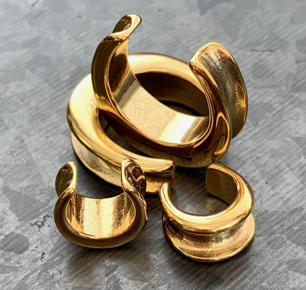 Pair of Stunning Gold Saddle Surgical Steel Ear Spreaders Hanger-Tunnels/Plugs - Gauges 00g (10mm) thru 1" (25mm) available!