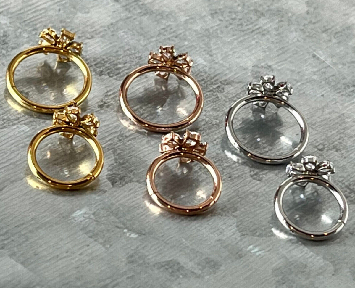 1 Piece Brilliant Gem Flower Hinged Segment Ring - 16g - 10mm or 8mm - Silver, Gold & Rose Gold Available!