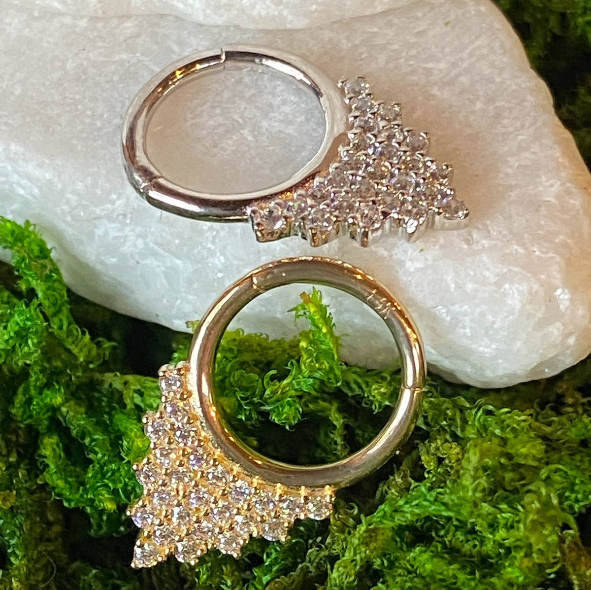 1 Piece of Brilliant 14kt Gold Front CZ Gem Triangle Hinged Segment Ring - 10mm & 8mm - Gold and Silver Available!