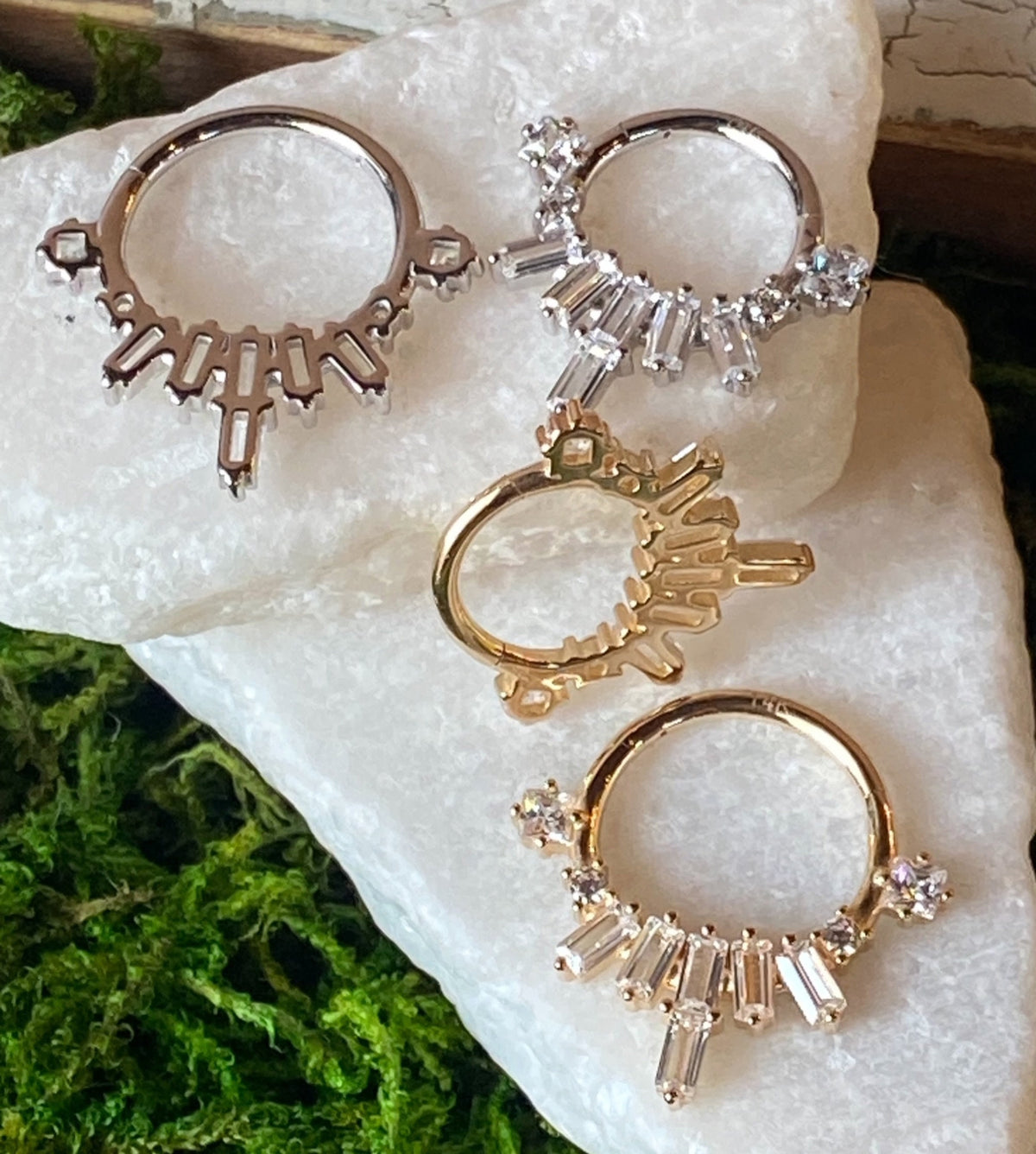 1 Piece of Stunning Solid 14kt Gold Baguette Gem Fan Hinged Segment Ring - 10mm & 8mm - Gold and Silver Available!