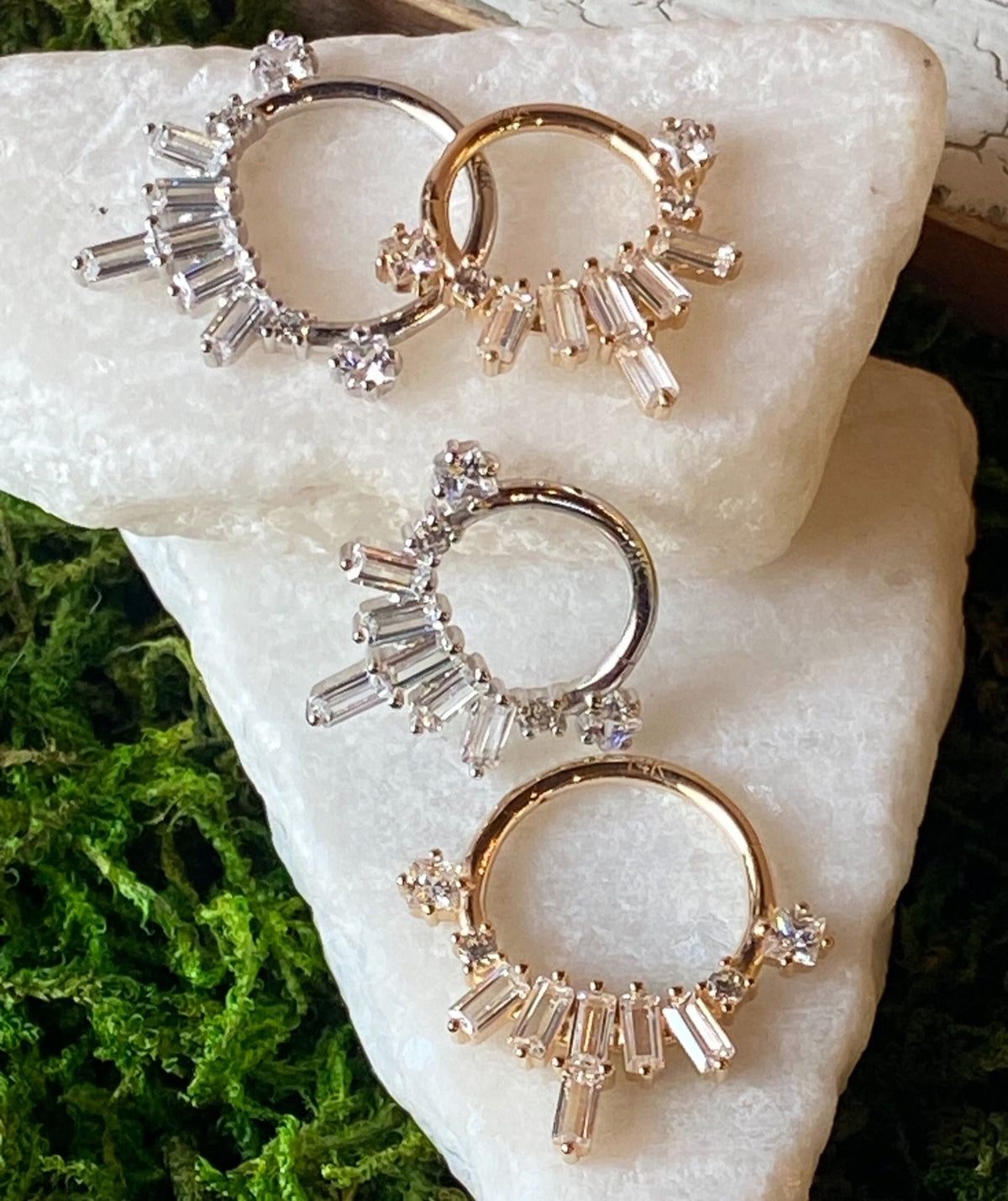 1 Piece of Stunning Solid 14kt Gold Baguette Gem Fan Hinged Segment Ring - 10mm & 8mm - Gold and Silver Available!