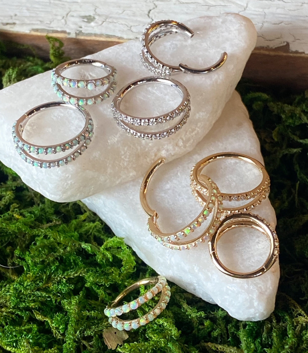 1 Piece of Beautiful Solid 14kt Gold Double Lined Hinged Segment Ring - 10mm or 8mm - Gold & White Gold with Opal or CZ Gems Available!
