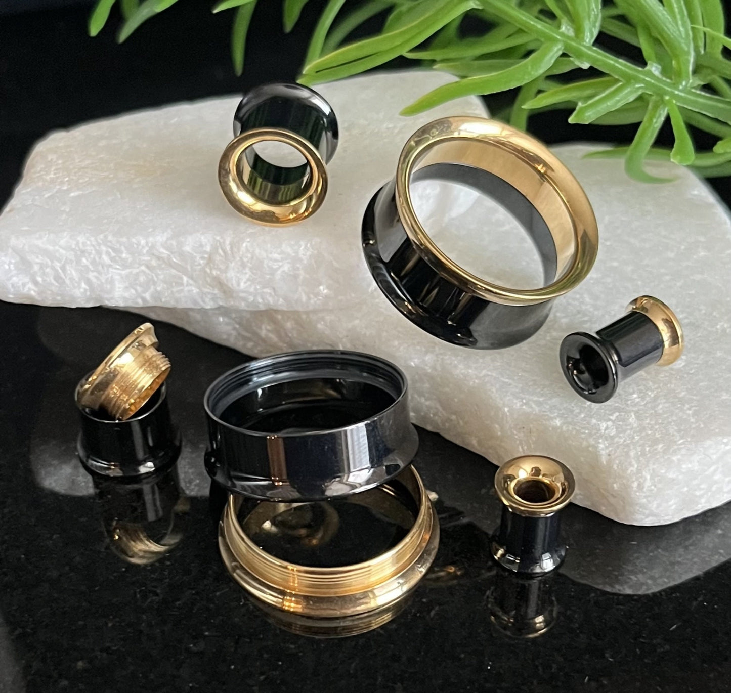 PAIR of Striking Black and Gold Internally Threaded Tunnels/Plugs - Gauges 8g (3mm) thru 1" (25mm) Available!