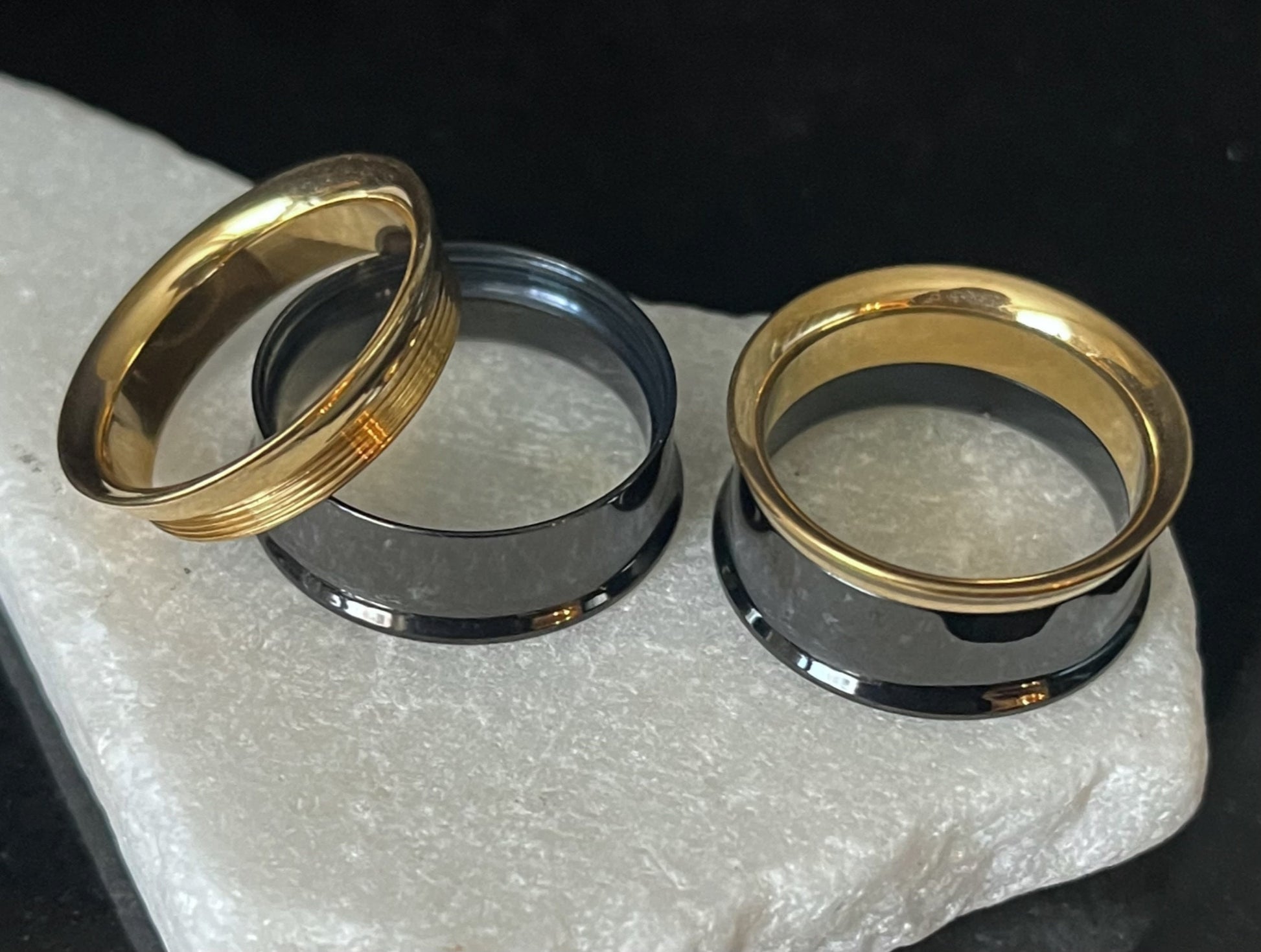 PAIR of Striking Black and Gold Internally Threaded Tunnels/Plugs - Gauges 8g (3mm) thru 1" (25mm) Available!