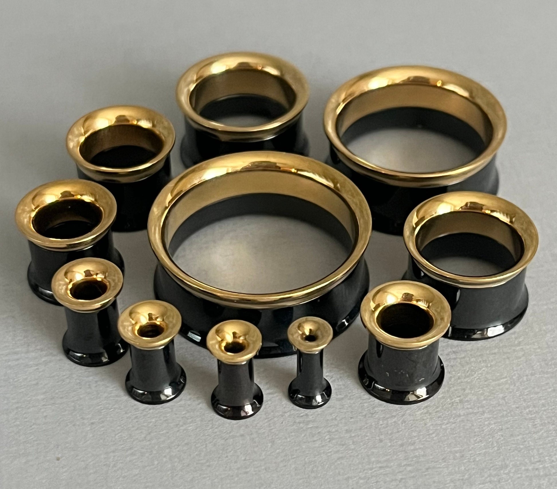 PAIR of Striking Black and Gold Internally Threaded Tunnels/Plugs - Gauges 8g (3mm) thru 1" (25mm) Available!