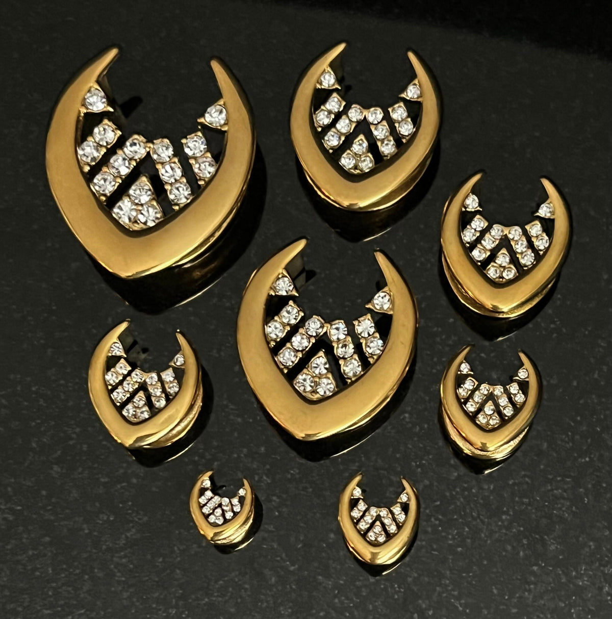PAIR of Unique Paved CZ Gems Inner Design Saddle Surgical Steel Ear Spreader Hanger-Tunnels/Plugs -Gauges 0g (8mm) thru 1" (25mm) available!