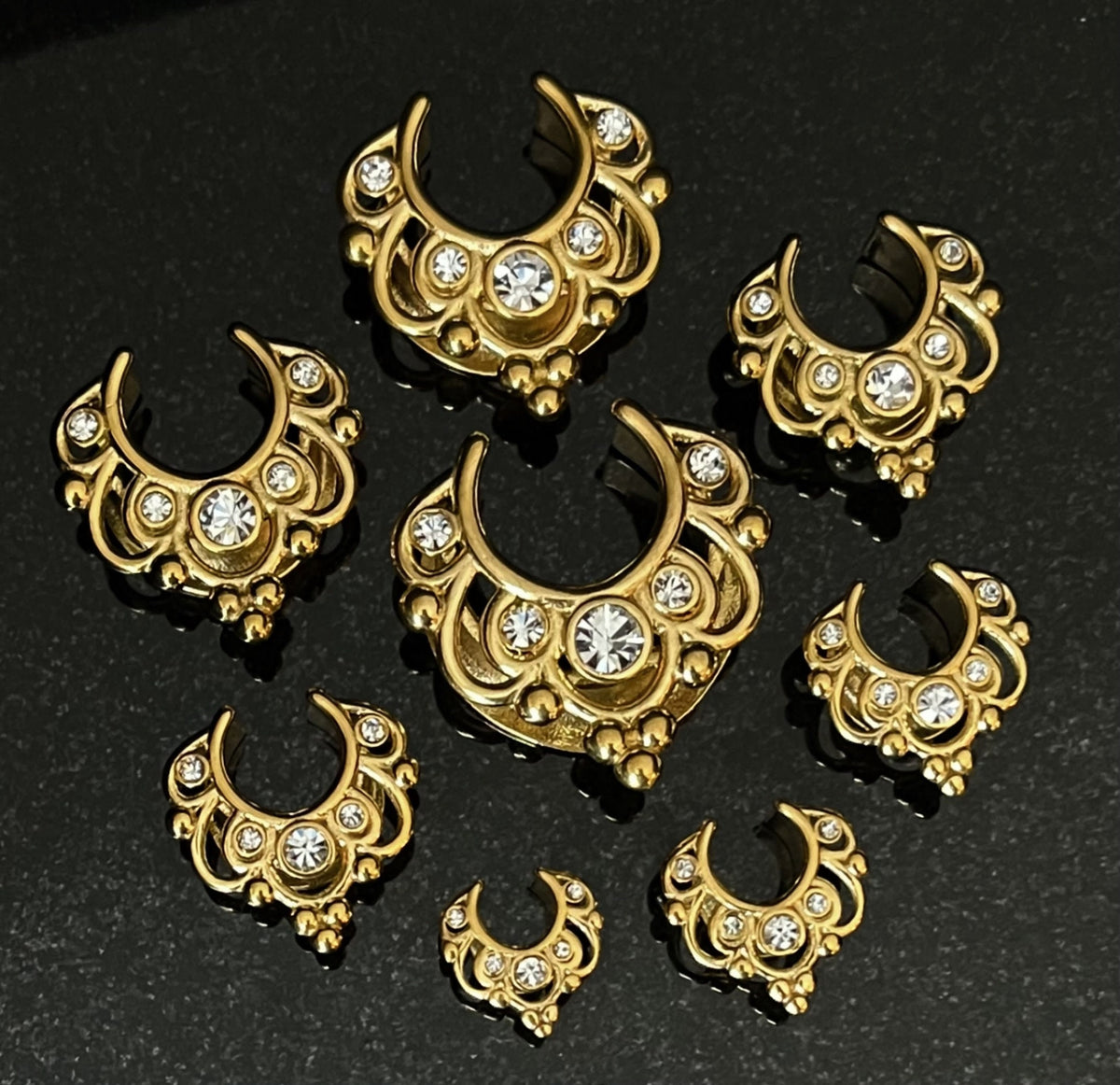 PAIR of Stunning Floral Filigree CZ Gems Saddle Surgical Steel Ear Spreader Hanger-Tunnels/Plugs -Gauges 0g (8mm) thru 1" (25mm) available!