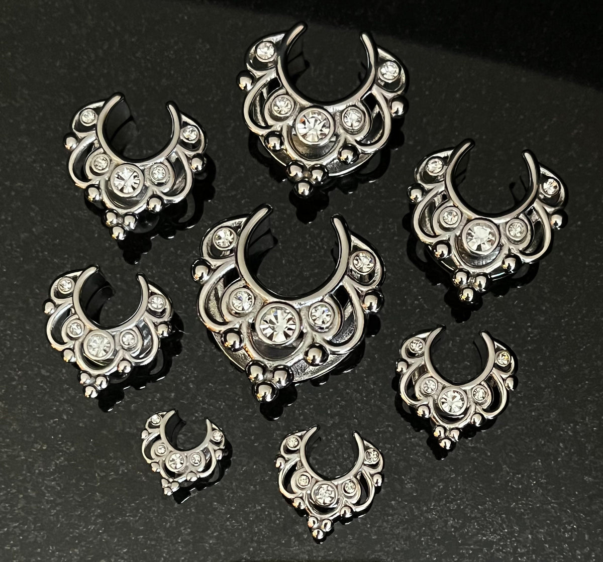 PAIR of Stunning Floral Filigree CZ Gems Saddle Surgical Steel Ear Spreader Hanger-Tunnels/Plugs -Gauges 0g (8mm) thru 1" (25mm) available!