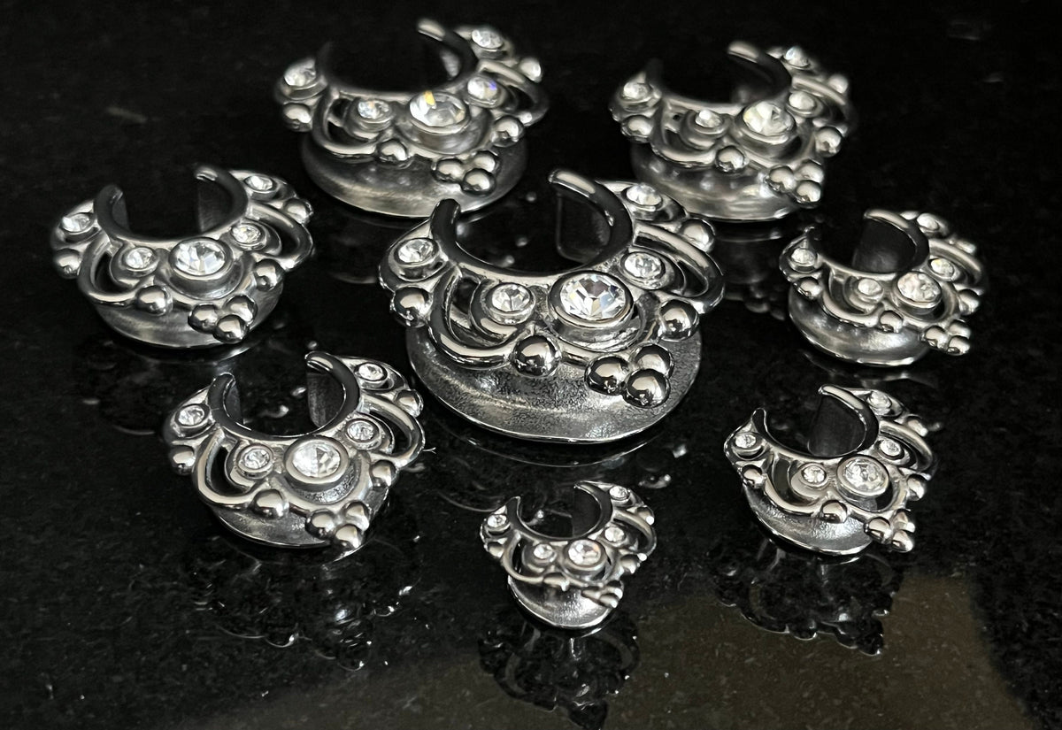 PAIR of Stunning Floral Filigree CZ Gems Saddle Surgical Steel Ear Spreader Hanger-Tunnels/Plugs -Gauges 0g (8mm) thru 1" (25mm) available!