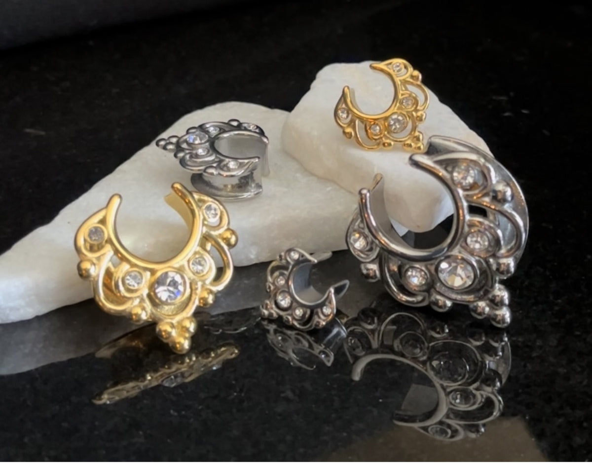 PAIR of Stunning Floral Filigree CZ Gems Saddle Surgical Steel Ear Spreader Hanger-Tunnels/Plugs -Gauges 0g (8mm) thru 1" (25mm) available!