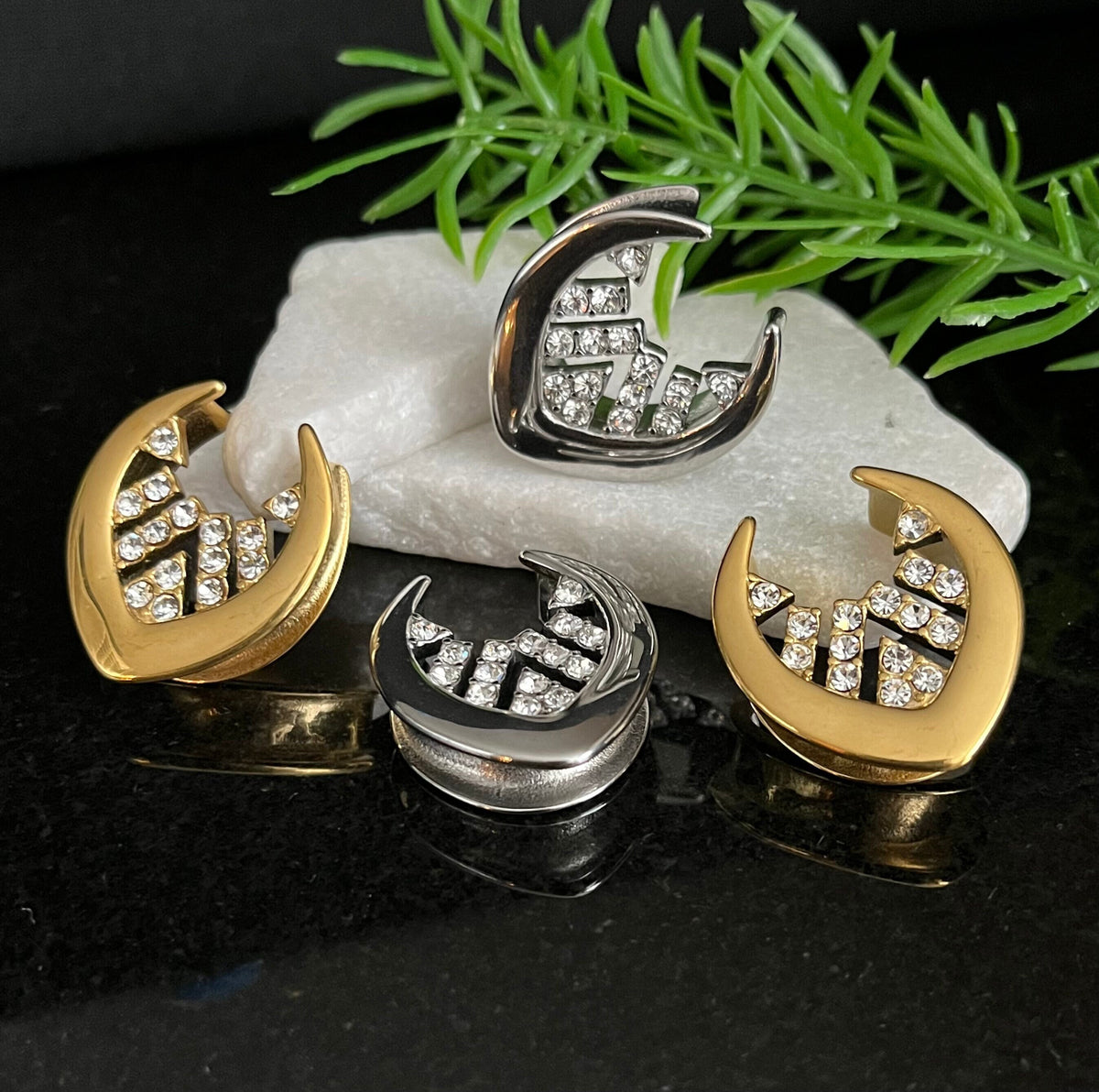 PAIR of Unique Paved CZ Gems Inner Design Saddle Surgical Steel Ear Spreader Hanger-Tunnels/Plugs -Gauges 0g (8mm) thru 1" (25mm) available!