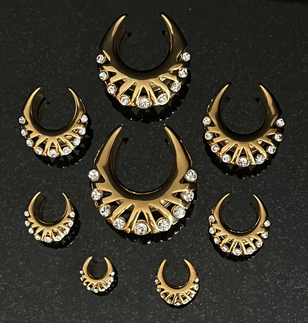 PAIR of Stunning CZ Gems Fan Edge Design Saddle Surgical Steel Ear Spreader Hanger-Tunnels/Plugs - Gauges 0g (8mm) thru 1" (25mm) available!