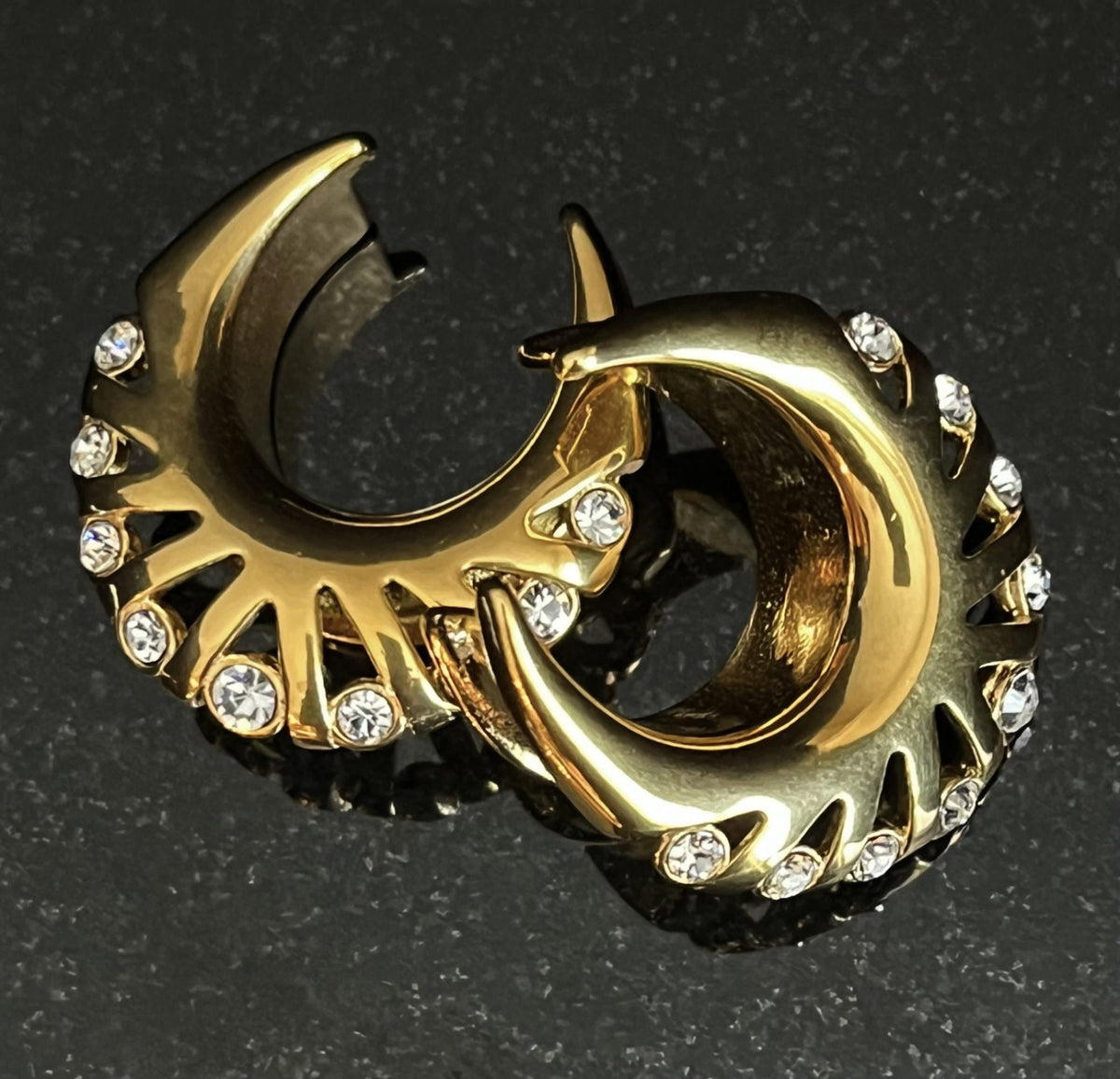 PAIR of Stunning CZ Gems Fan Edge Design Saddle Surgical Steel Ear Spreader Hanger-Tunnels/Plugs - Gauges 0g (8mm) thru 1" (25mm) available!