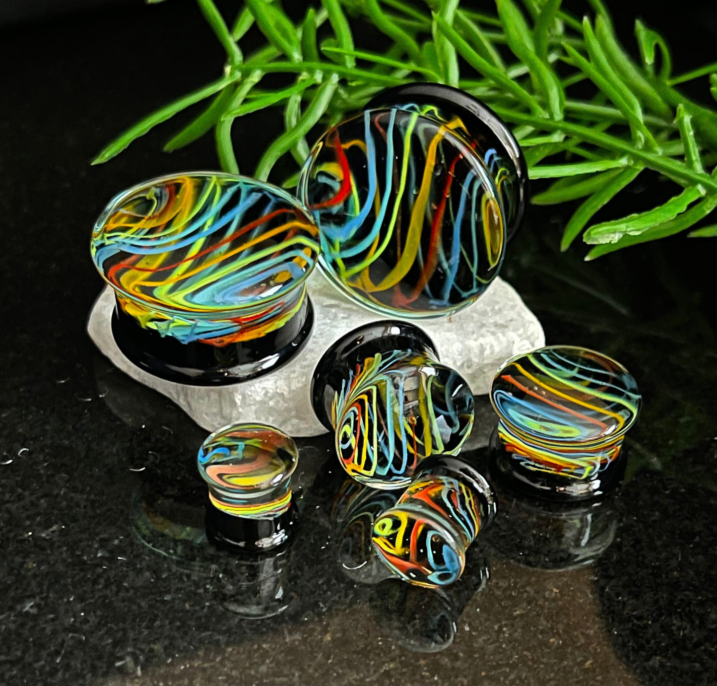 PAIR of Unique Neon Rainbow Swirls Design Double Flare Pyrex Glass Plugs - Gauges 2g (6mm) through 1" (25mm) available!
