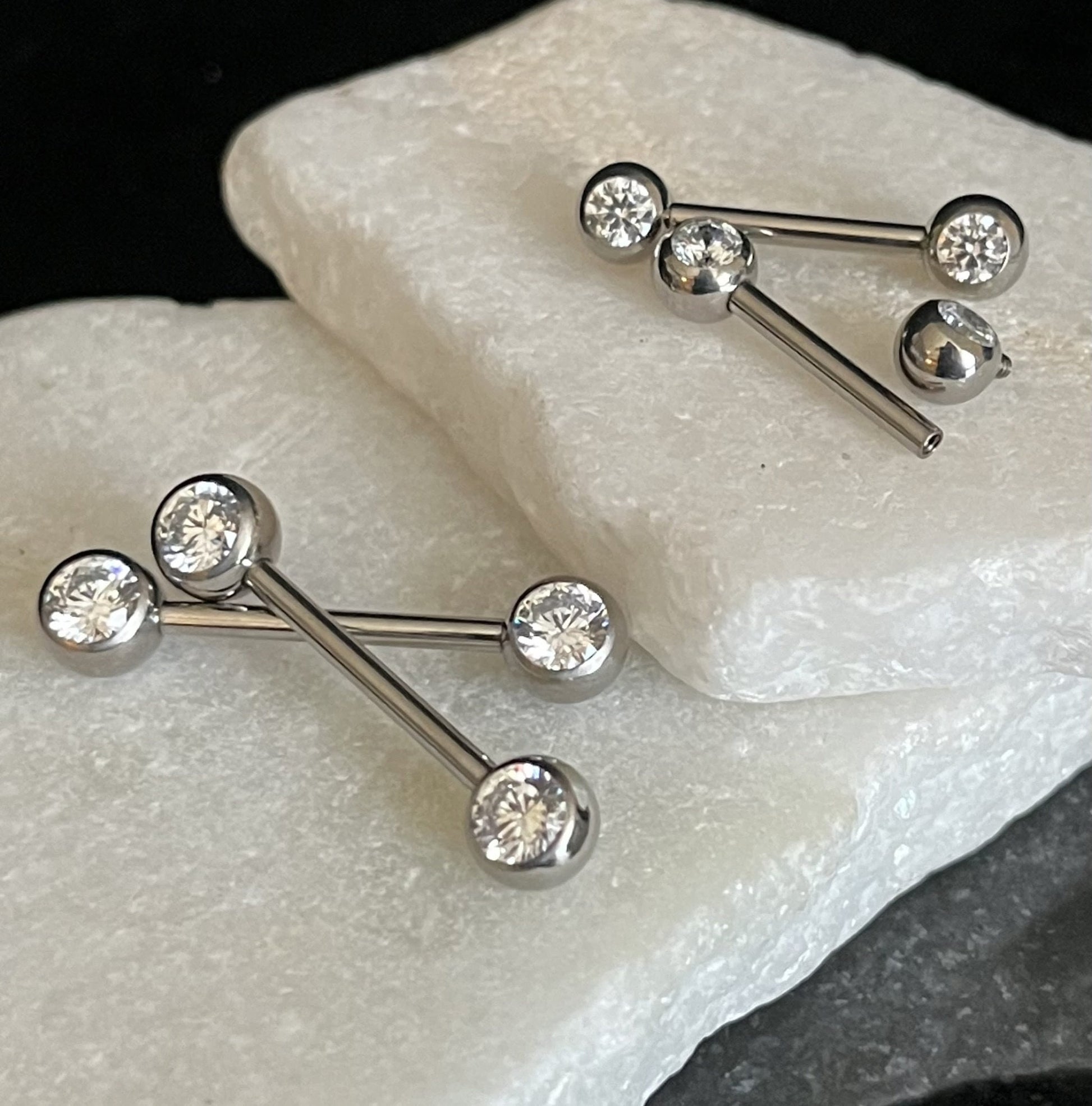 PAIR of Stunning Implant Grade Titanium Front CZ Gem Internally Threaded Industrial Barbell Rings - 14g - Length 12mm or 16mm Available!