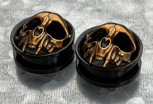 PAIR of Gold Skull with Fangs Black Screw Fit Tunnels /Plugs - Gauges 0g (8mm) thru 1" (25mm) available!