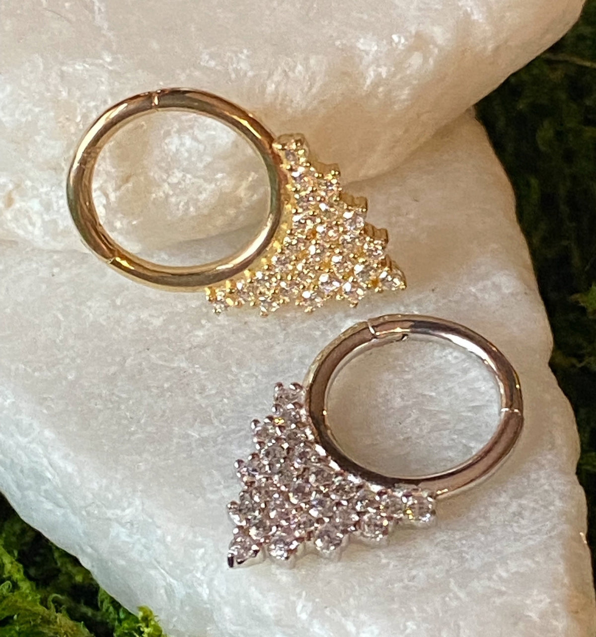 1 Piece of Brilliant 14kt Gold Front CZ Gem Triangle Hinged Segment Ring - 10mm & 8mm - Gold and Silver Available!