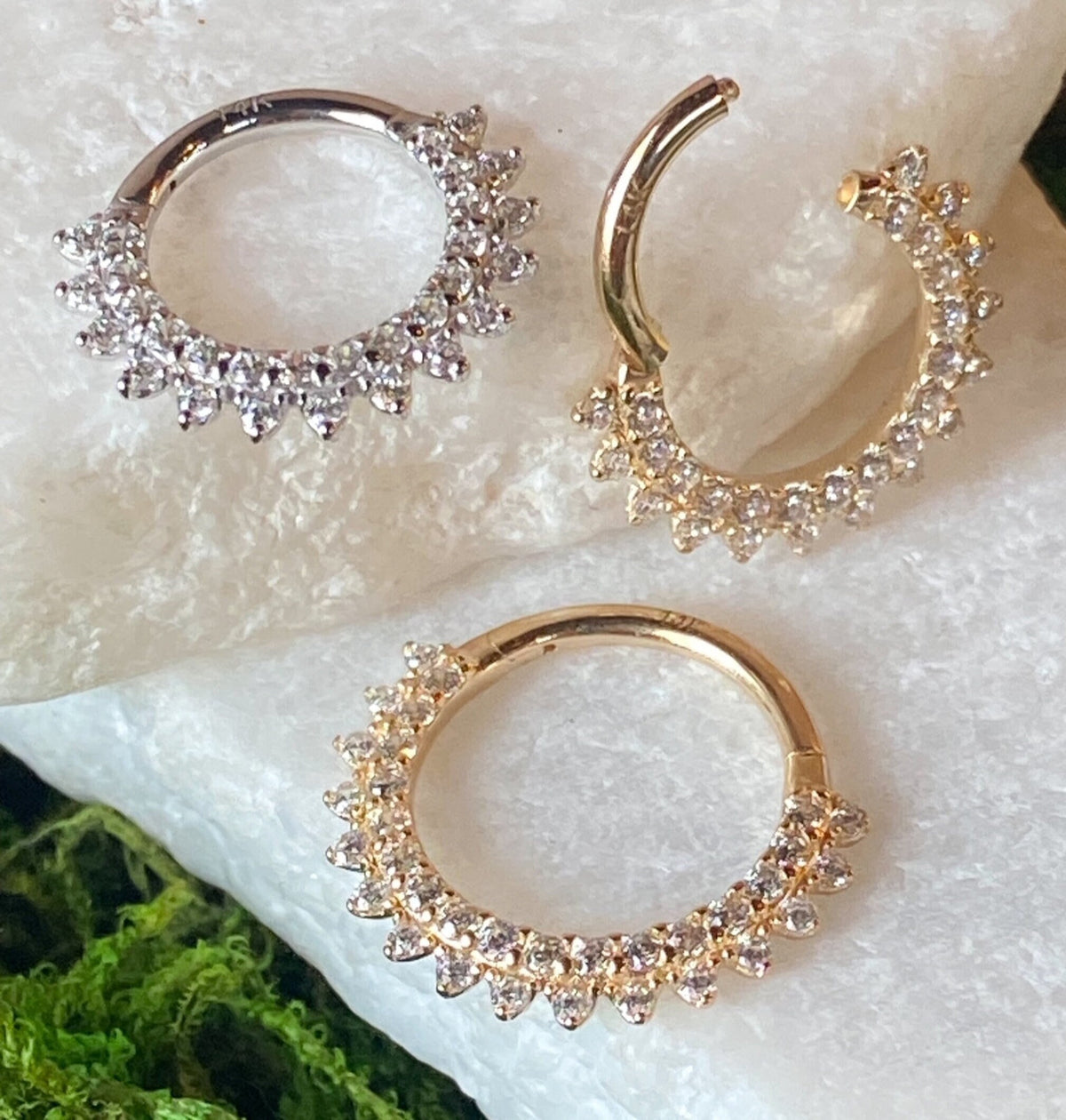 1 Piece of Stunning Solid 14kt Gold Front Double Lined Gem Hinged Segment Ring - 10mm & 8mm - Gold and White Gold Available!