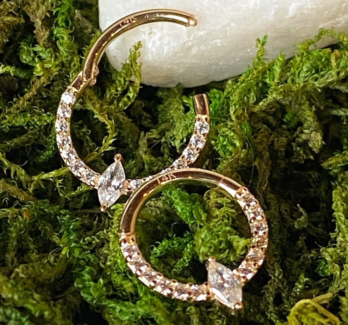 1 Piece of Brilliant Solid 14kt Gold Center Marquise CZ Gem Lined Hinged Segment Ring - 10mm or 8mm - Gold and White Gold Available!