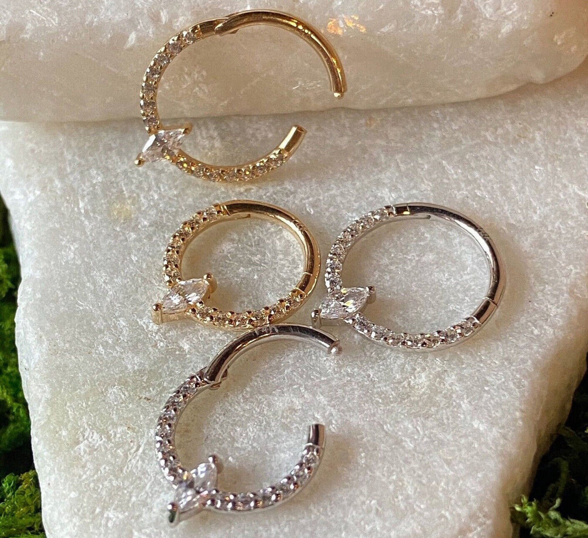 1 Piece of Brilliant Solid 14kt Gold Center Marquise CZ Gem Lined Hinged Segment Ring - 10mm or 8mm - Gold and White Gold Available!