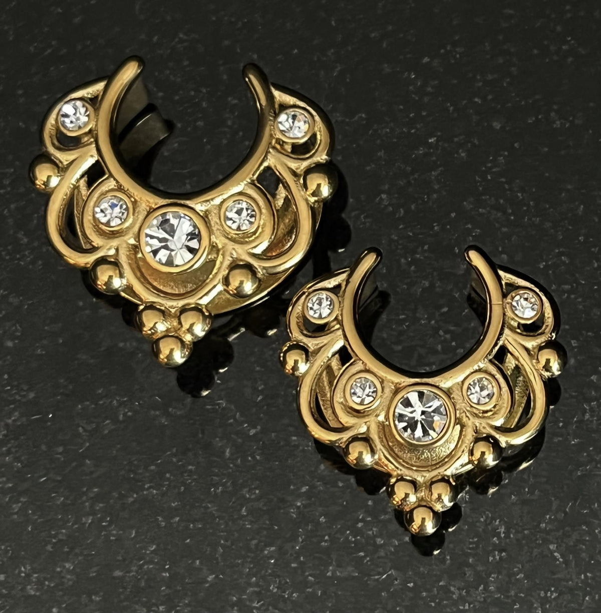 PAIR of Stunning Floral Filigree CZ Gems Saddle Surgical Steel Ear Spreader Hanger-Tunnels/Plugs -Gauges 0g (8mm) thru 1" (25mm) available!