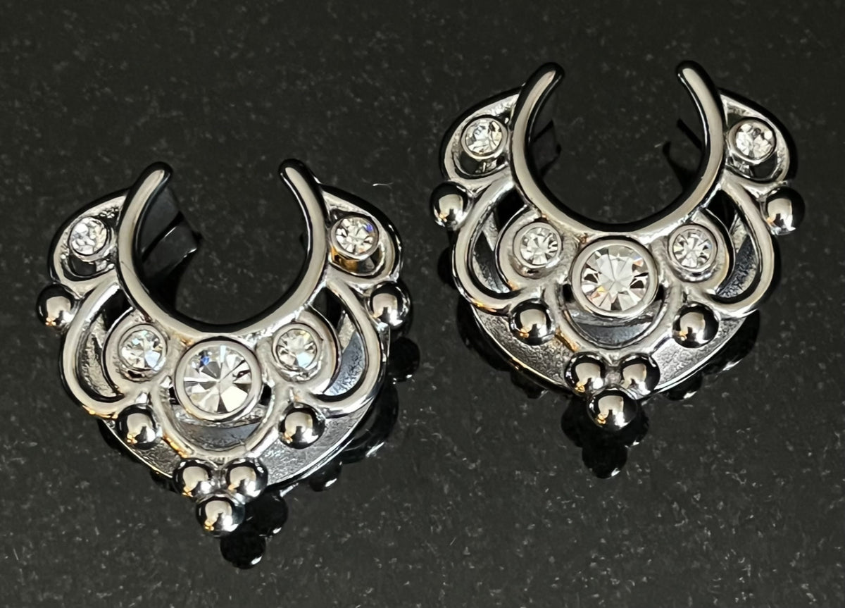 PAIR of Stunning Floral Filigree CZ Gems Saddle Surgical Steel Ear Spreader Hanger-Tunnels/Plugs -Gauges 0g (8mm) thru 1" (25mm) available!