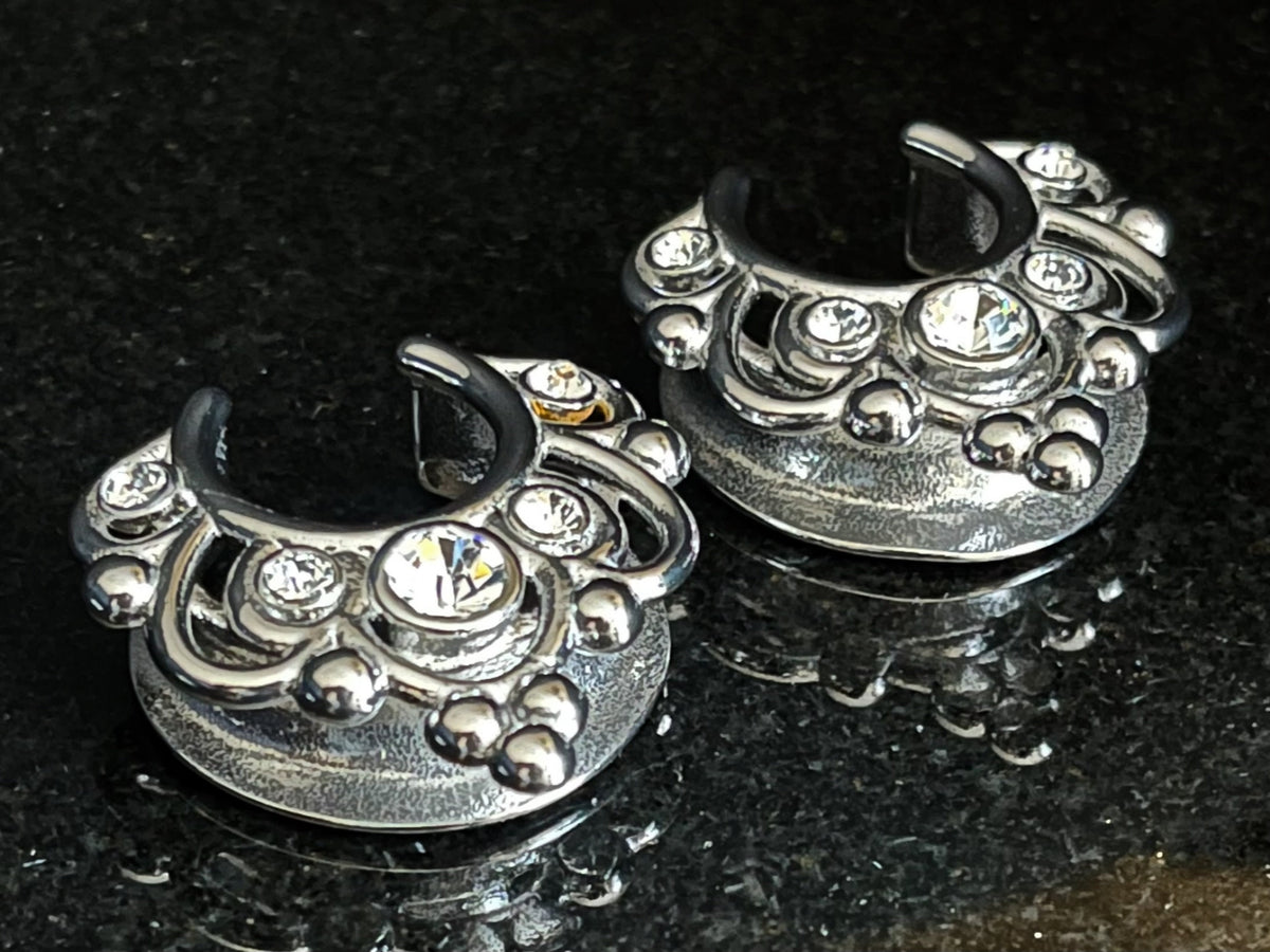 PAIR of Stunning Floral Filigree CZ Gems Saddle Surgical Steel Ear Spreader Hanger-Tunnels/Plugs -Gauges 0g (8mm) thru 1" (25mm) available!