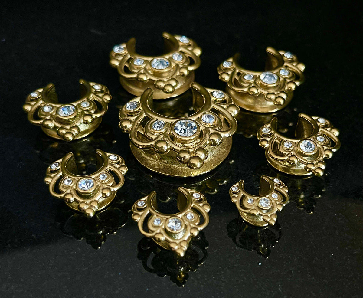 PAIR of Stunning Floral Filigree CZ Gems Saddle Surgical Steel Ear Spreader Hanger-Tunnels/Plugs -Gauges 0g (8mm) thru 1" (25mm) available!