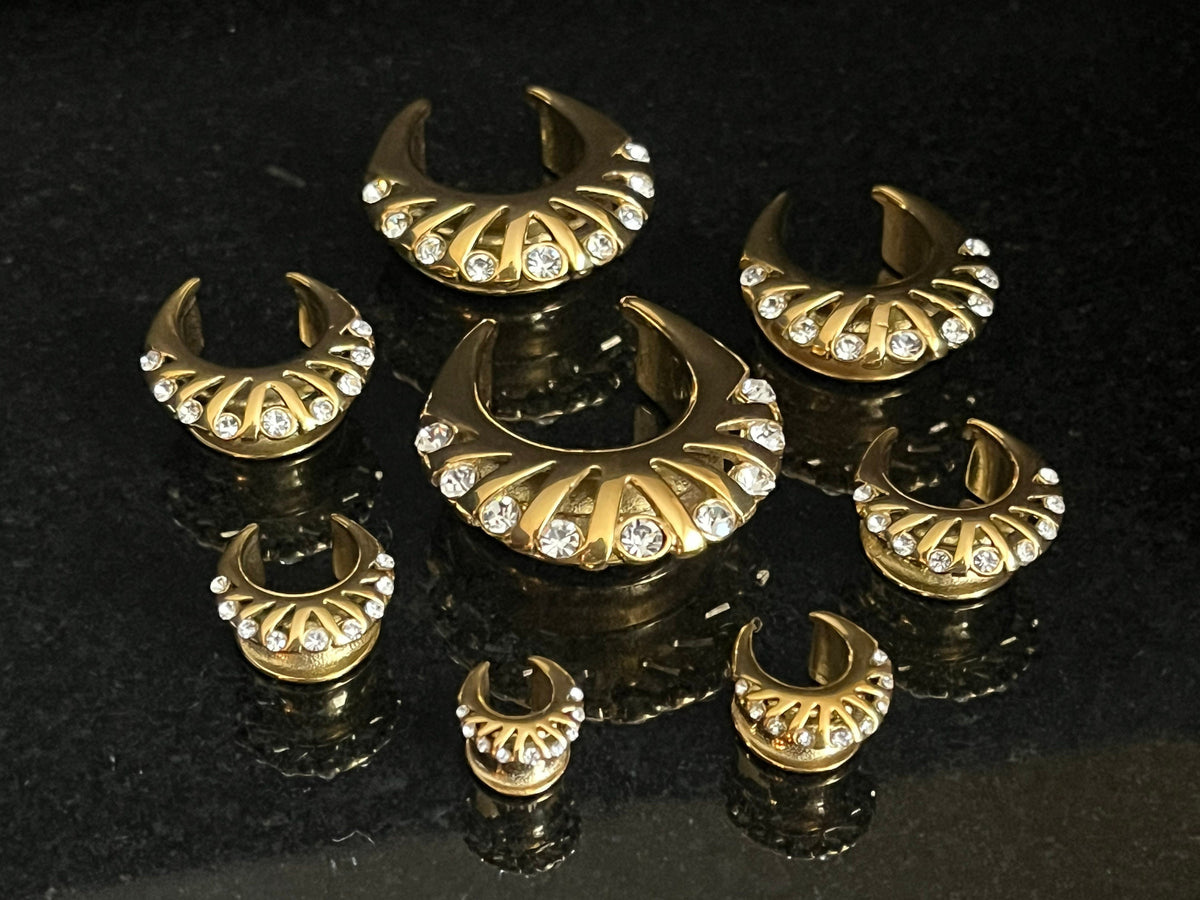 PAIR of Stunning CZ Gems Fan Edge Design Saddle Surgical Steel Ear Spreader Hanger-Tunnels/Plugs - Gauges 0g (8mm) thru 1" (25mm) available!