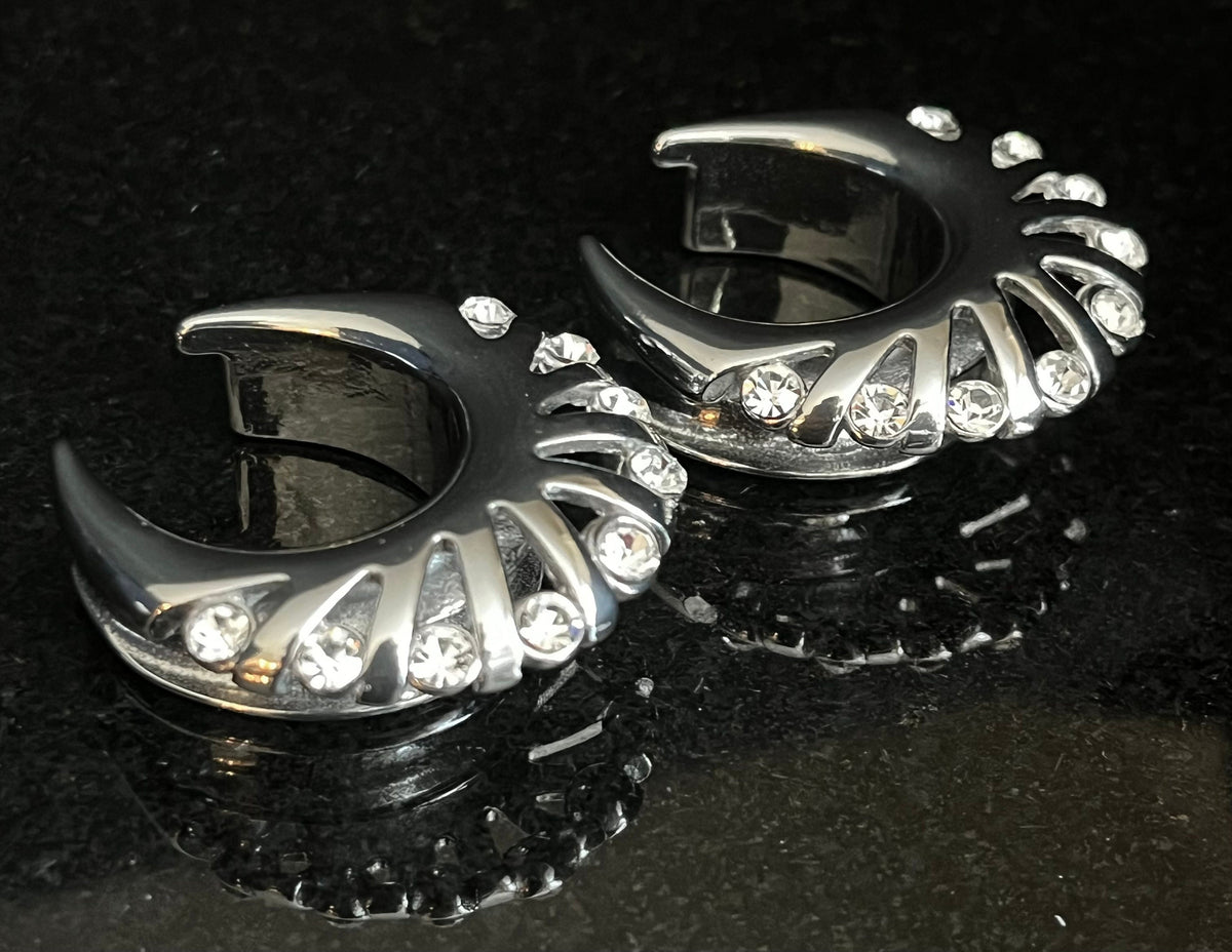 PAIR of Stunning CZ Gems Fan Edge Design Saddle Surgical Steel Ear Spreader Hanger-Tunnels/Plugs - Gauges 0g (8mm) thru 1" (25mm) available!
