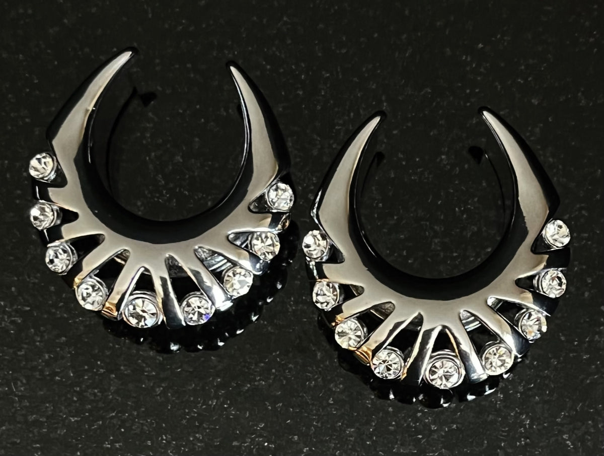 PAIR of Stunning CZ Gems Fan Edge Design Saddle Surgical Steel Ear Spreader Hanger-Tunnels/Plugs - Gauges 0g (8mm) thru 1" (25mm) available!