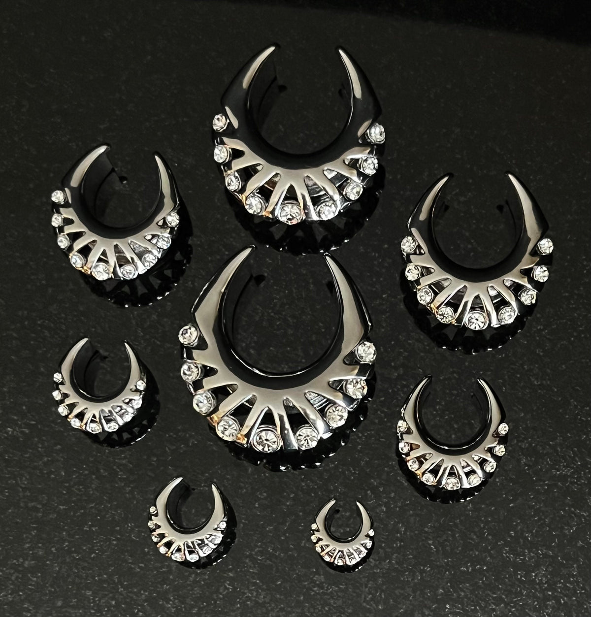 PAIR of Stunning CZ Gems Fan Edge Design Saddle Surgical Steel Ear Spreader Hanger-Tunnels/Plugs - Gauges 0g (8mm) thru 1" (25mm) available!