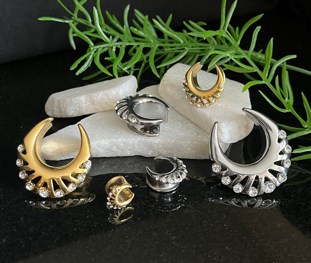 PAIR of Stunning CZ Gems Fan Edge Design Saddle Surgical Steel Ear Spreader Hanger-Tunnels/Plugs - Gauges 0g (8mm) thru 1" (25mm) available!