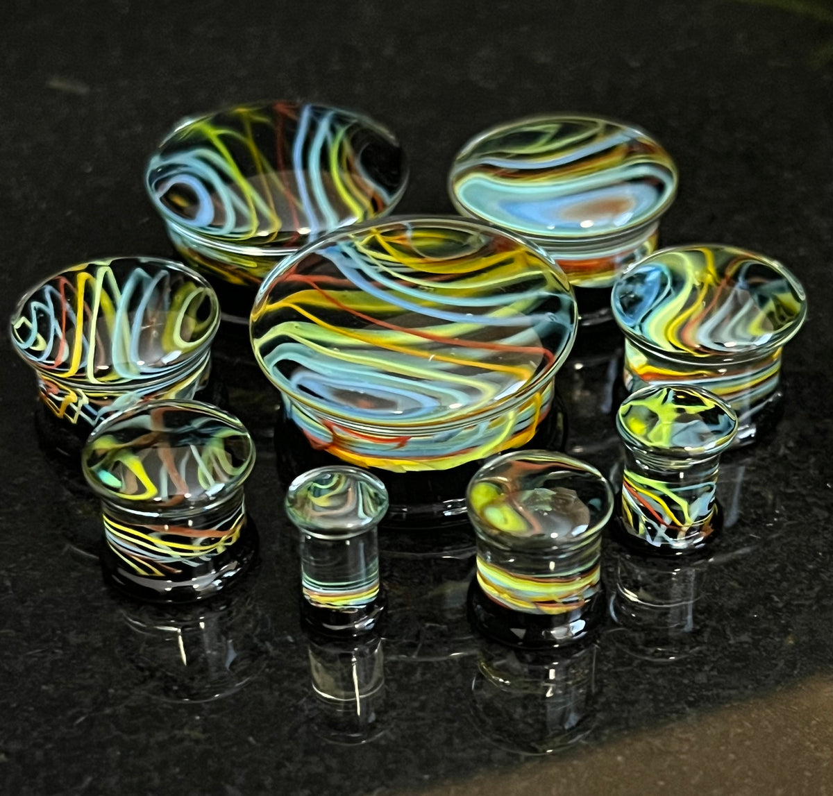 PAIR of Unique Neon Rainbow Swirls Design Double Flare Pyrex Glass Plugs - Gauges 2g (6mm) through 1" (25mm) available!